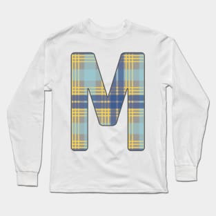 Monogram Letter M, Blue, Yellow and Grey Scottish Tartan Style Typography Design Long Sleeve T-Shirt